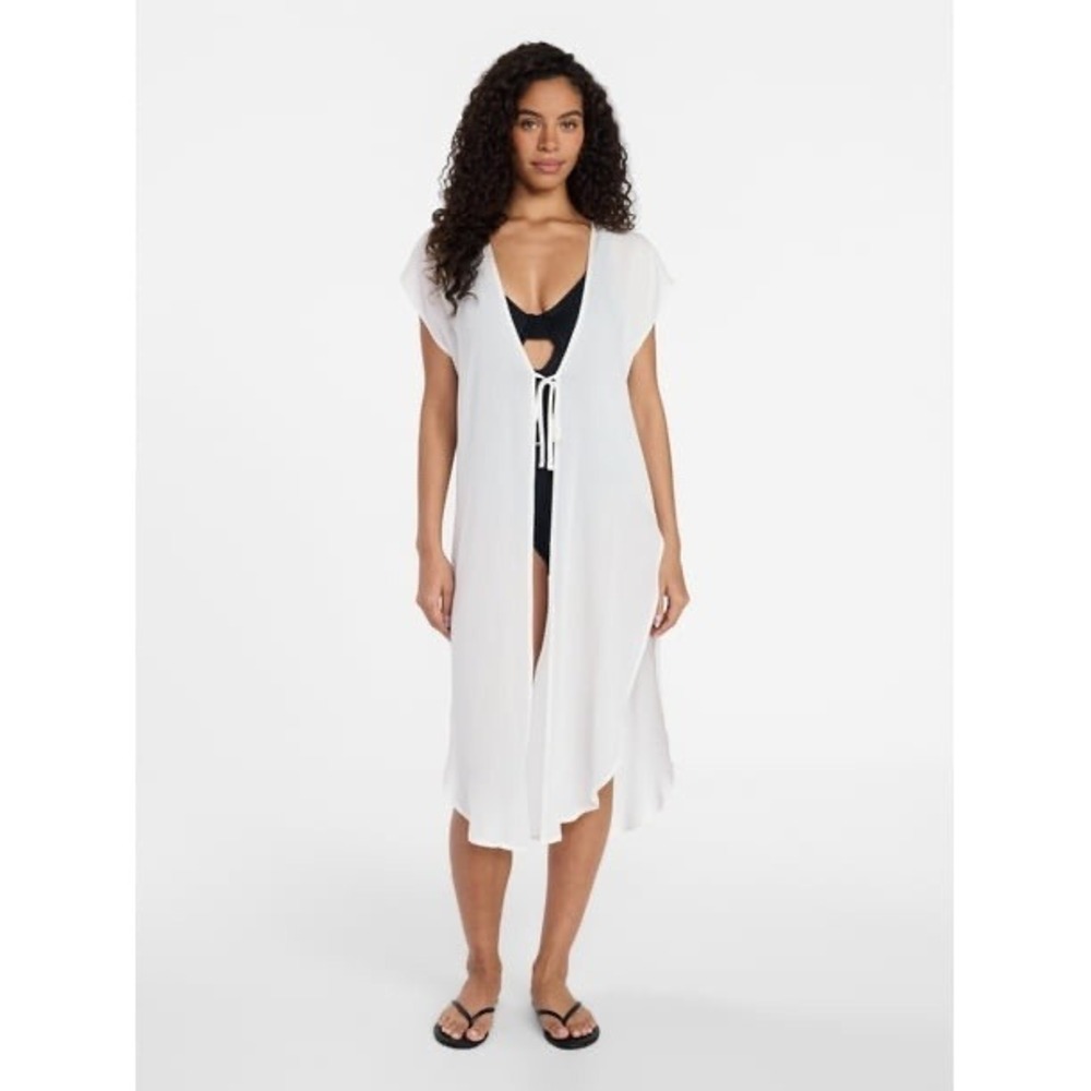 Coastal White Crinkle Rayon Beachwear Swim Cover Up Tie NEW Kimono XXL-XXXL